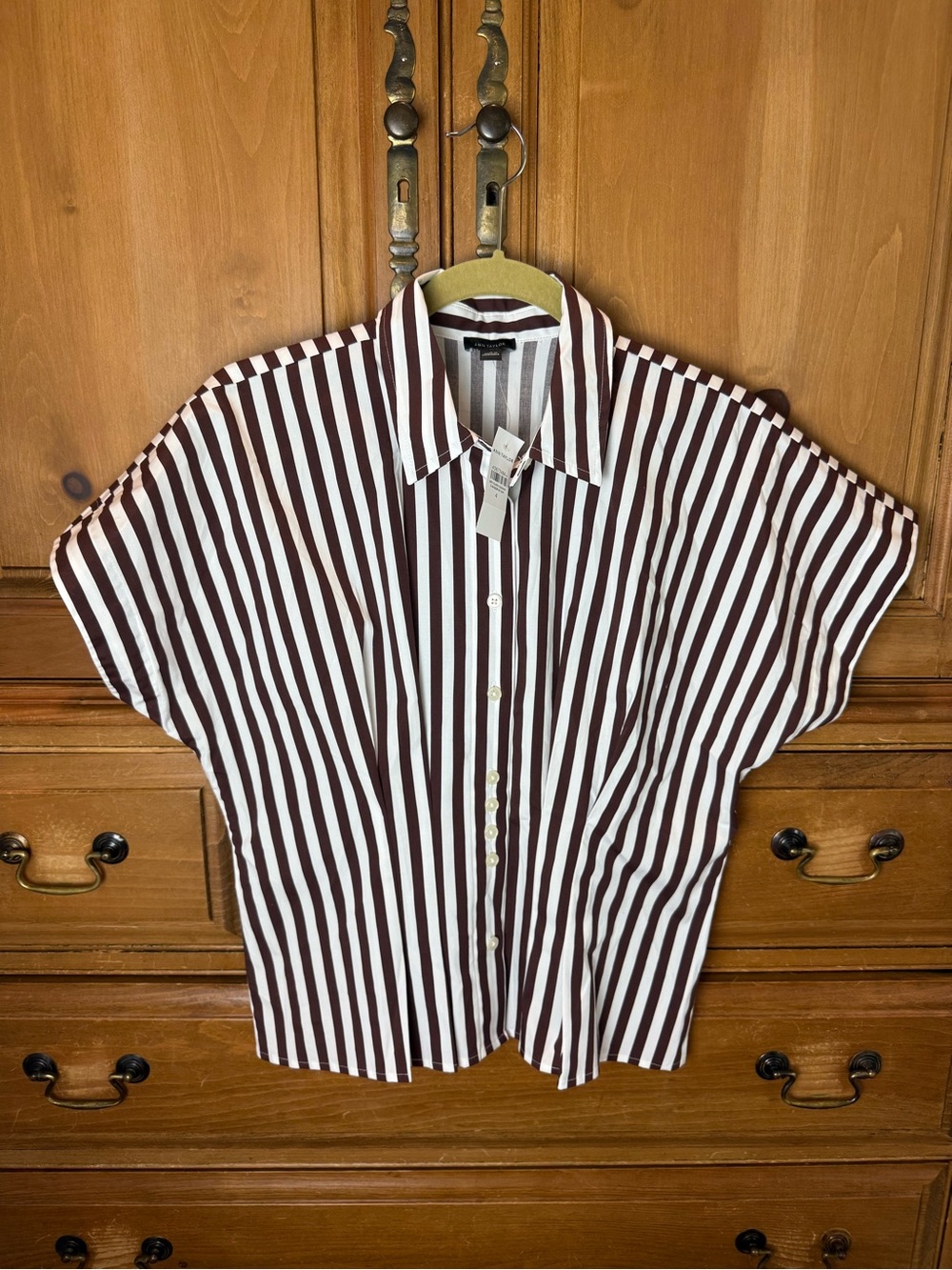 NWT Ann Taylor Striped Short-Sleeve Button-Up Shirt - Brown & White